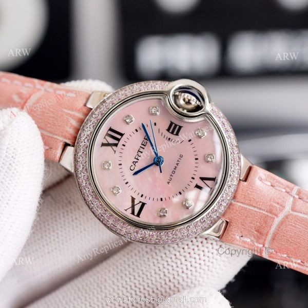 New Cartier Ballon Bleu 33mm With Diamonds Bezel Pink MOP Dial Pink Leather Strap Copy Watch 2