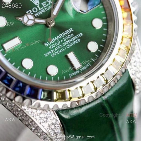 New Rolex Rainbow Submariner Green Dial Green Leather Strap High Copy Swiss Made 2