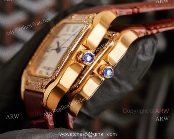 Replica Cartier Santos Yellow Gold White Dial Watch With Diamonds For Men And Women 2