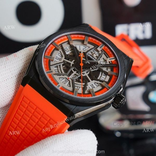 Swiss Grade Zenith Defy Classic Skeleton Dial Orange Rubber Strap High End Replica Watch 2
