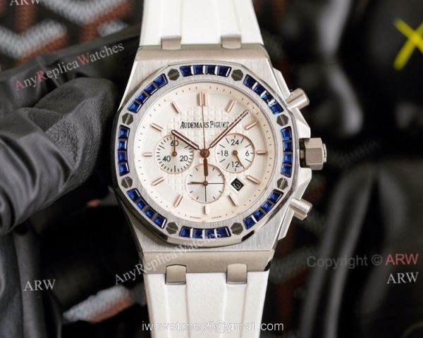 Copy Audemars Piguet Royal Oak Rose Gold 42mm Rainbow Bezel Watch White Dial 2