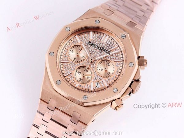 New Frosted Gold Audemars Piguet Royal Oak Rose Gold Chronograph 41mm Diamond Dial Replica Watch 2