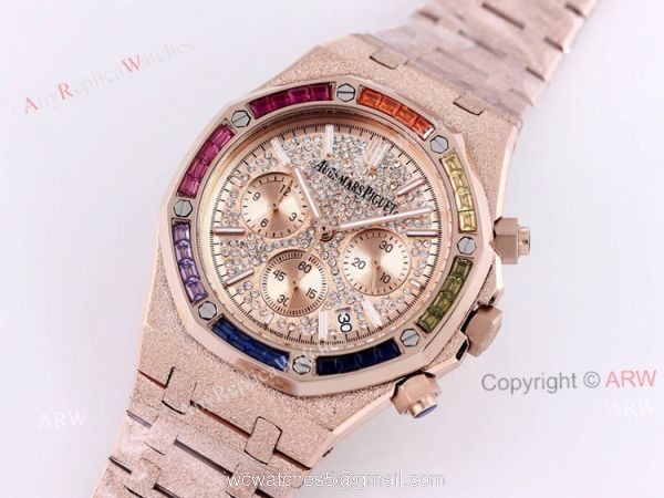 New Frosted Audemars Piguet Rose Gold Royal Oak 41mm Rainbow Diamond Watch Replica 2