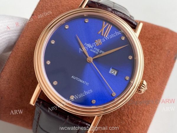 Swiss Replica Patek Philippe Calatrava Classic Watch Blue Face Brown Leather Strap For Men 2