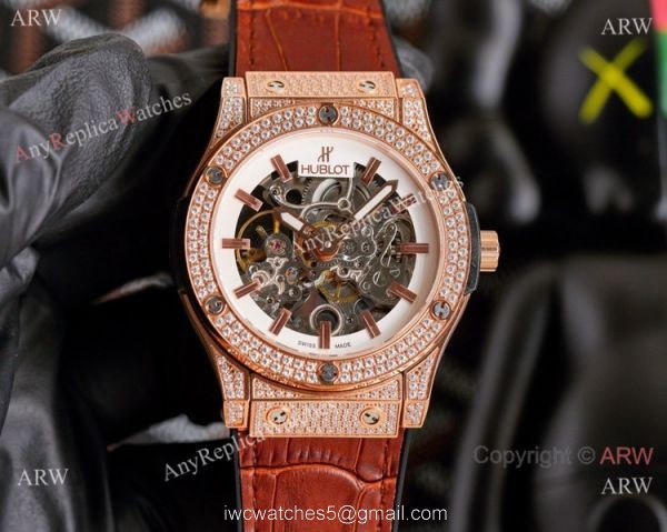 Copy Hublot Classic Fusion Hollow Rose Gold Iced Out Watches 2