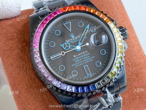 All Black Rolex Blaken Submariner Rainbow Diamond Bezel Blue Markers Swiss Grade Replica Watch 2