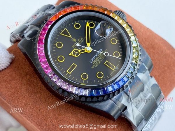 Blaken Rolex Rainbow Submariner All Black Yellow Markers Watch 40mm Replica Asia 2836 Movement 2