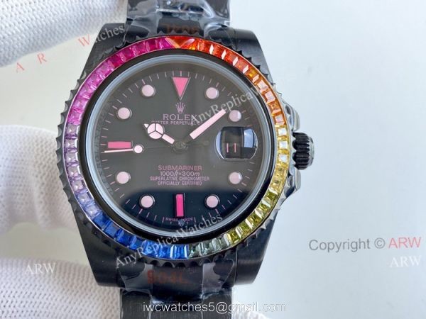 Replica Blaken Rolex Submariner Pink Markers Watch 40mm Rainbow Diamond Bezel Swiss Made 2