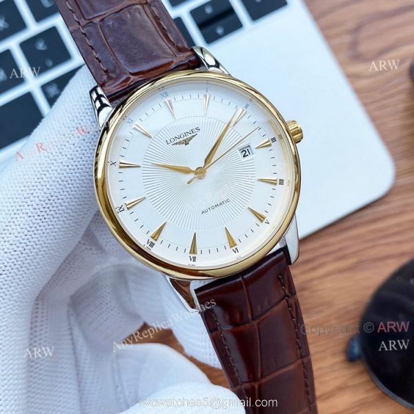 40mm Longines Automatic Watch White Dial Brown Leather Strap High Copy 2