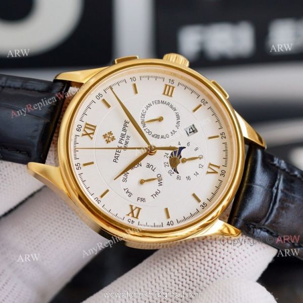 Swiss Replica Patek Philippe Moonphase Gold Grand Complications 9100 Automatic Watch White Face 2