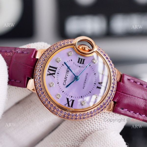 New Ladies Cartier Ballon Bleu 33mm Rose Gold diamond Purple Dial Purple Leather Strap Replica Watches 2
