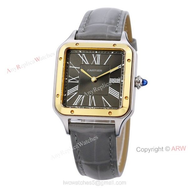 Buy The Best Cartier Santos Dumont Couple Watches Grey Dial Grey Leather Strap Replica 2