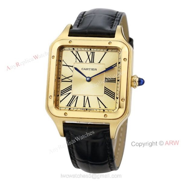 TWF Yellow Gold Cartier Santos-Dumont Gold Face Black Leather Strap Copy Watch For Men And Women 2