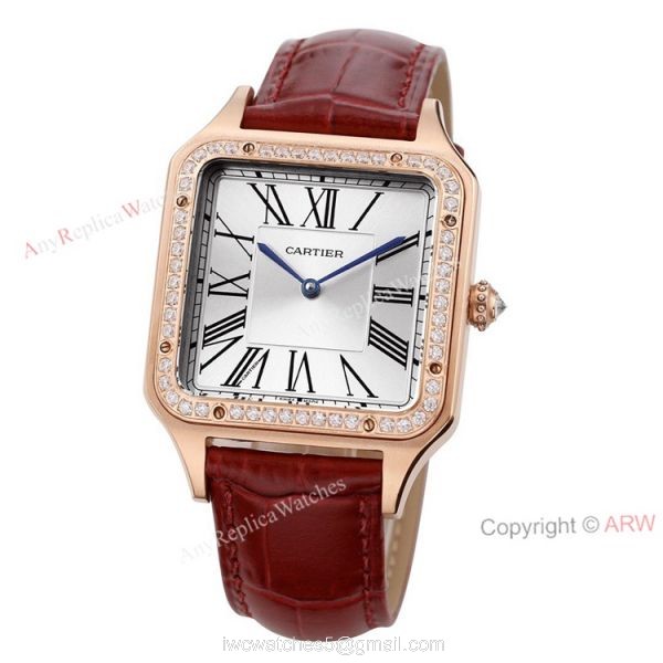 New Faux Cartier Santos-Dumont Rose Gold Couple Watch With Diamonds Bezel Brown Leather Band 2