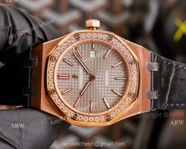 High End Replica Audemars Piguet Royal Oak Rose Gold Grey Dial Automatic Watch With Diamonds Black Leather Strap 2