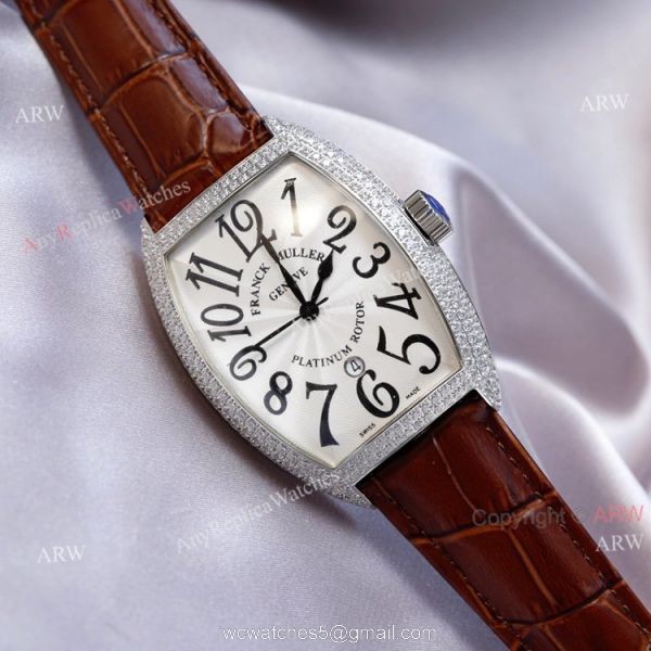 Swiss Quality Best Copy Franck Muller Cintr?e Curvex Diamond Watch White Face Black Leather Strap 2