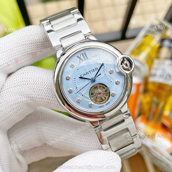 Replica Ladies Cartier Ballon Bleu Tourbillon 36mm Ice Blue Dial Watch With Diamonds 2