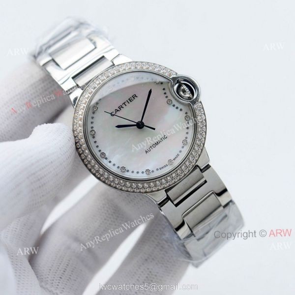 Swiss Quality Cartier Ballon Bleu 36mm White Mop Dial Stainless Steel Copy Watch With Diamonds 2