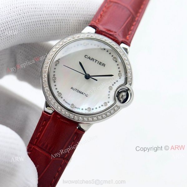 Swiss Quality 36mm Cartier Ballon Bleu Ladies Replica Watch With Diamond Bezel Brown Leather Strap 2