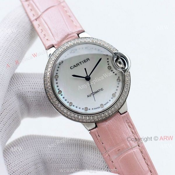 Swiss Quality Knockoff Cartier Ballon Bleu 36mm Automatic Watch With Diamond Bezel Black Leather Strap 2