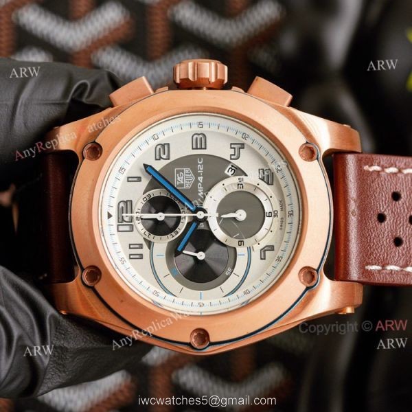 New Tag Heuer MP4-12C Chronograph Knockoff Watch Rose Gold Brown Leather Strap 2