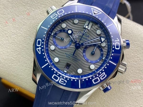 New OM Factory Omega Seamaster Diver 300m Grey Dial Blue Rubber Strap Replica Watch For Men 2
