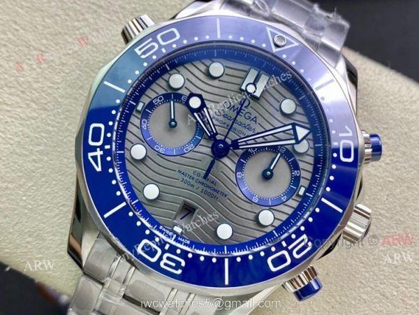 OMF Omega Seamaster With Grey Dial Ss Bracelet Blue Ceramic Bezel High End Replica 44mm 2
