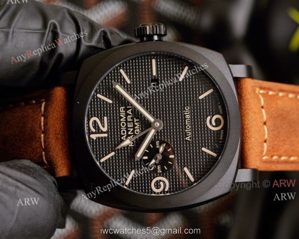 All Black Panerai Radiomir GMT Automatic Watch 45mm Brown Leather Strap High Copy 2