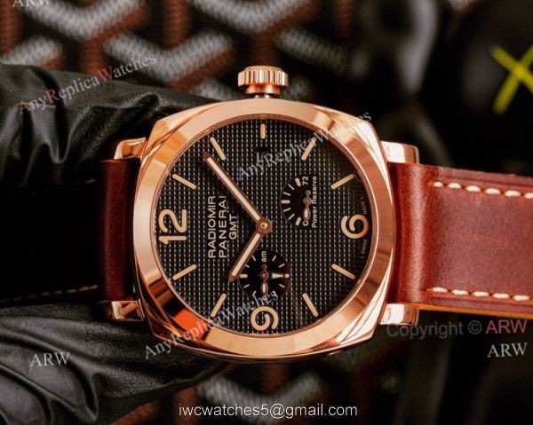 High Quality Replica Panerai Radiomir GMT Black Dial Rose Gold Watch 45mm Brown Leather Band 2