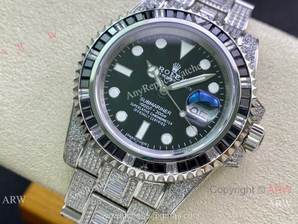 Swiss Replica Rolex Submariner 2836 Iced Out Watch Stainless Steel Black Diamond Bezel 2