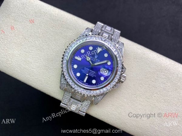 Swiss Copy Rolex Iced Out Submariner 2836 Watch 904L Stainless Steel Blue Face 2