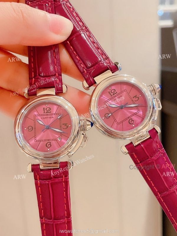 Knockoff Ladies Cartier Pasha Watch Fuchsia Dial Fuchsia Leather Strap 2