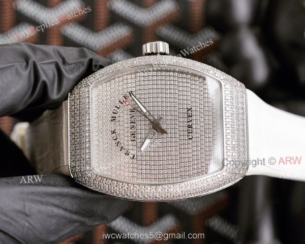 Replica Iced Out Franck Muller V45 Diamond Watch Automatic White Leather Strap 2