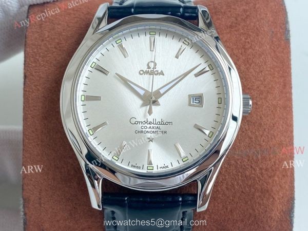 Copy Omega Constellation Green Dial Stainless Steel Brown Leather Strap Men Watch 2