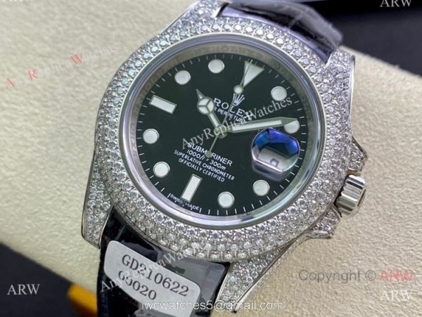 Swiss Quality Rolex Submariner Limited Edition Watch Iced Out Leather Strap 2