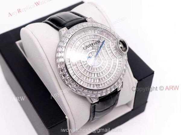 Iced Out Cartier Ballon Bleu 42mm Black Leather Strap Watch Replica 2