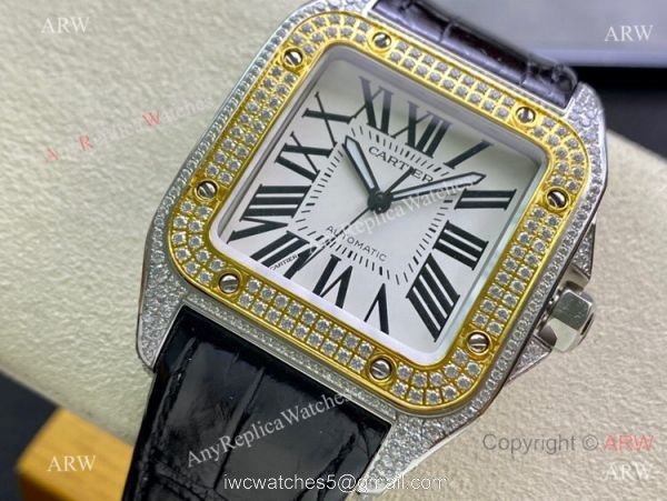 Swiss Quality Iced Out Cartier Santos De Watch Two Tone Sapphire Crystal 2