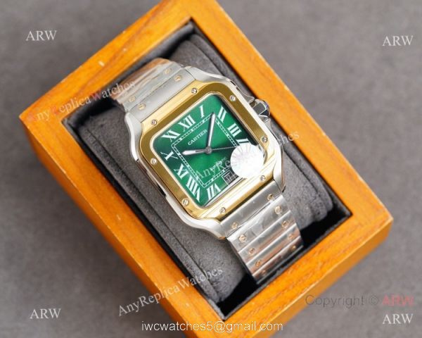 New Cartier Alberto Santos-Dumont Green Two Tone Watch Sapphire Crystal 2