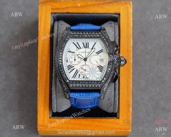 Iced Out Cartier Roadster All Black Watches Leather Strap 2
