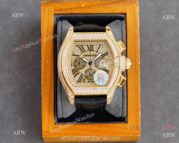 Iced Out Cartier Roadster Chronograph Watches Yellow Gold Case 2