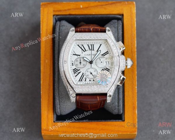 Iced Out Cartier Roadster Replica Watch White Chronograph Dial Men Watch 2