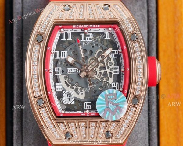 (RM Factory) Knockoff Richard Mille Rm010 Rose Gold Skeleton Watch Red Rubber Strap 2