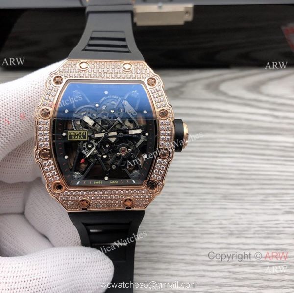 Swiss Quality Richard Mille RM35-01 Rafael Nadal Watch Rose Gold Diamond Yellow Rubber Strap 2