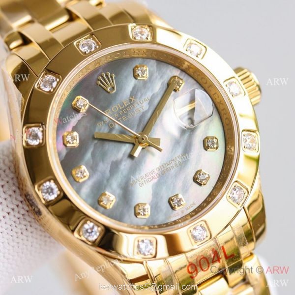 Swiss Replica Rolex Datejust Pearlmaster 81319 Watch Black Mother-Of-Pearl Yellow Gold 34mm 2