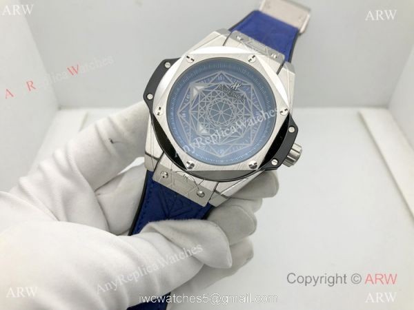 Replica Hublot Big Bang Sang Bleu Watch Automaitc Blue Gummy Strap 2