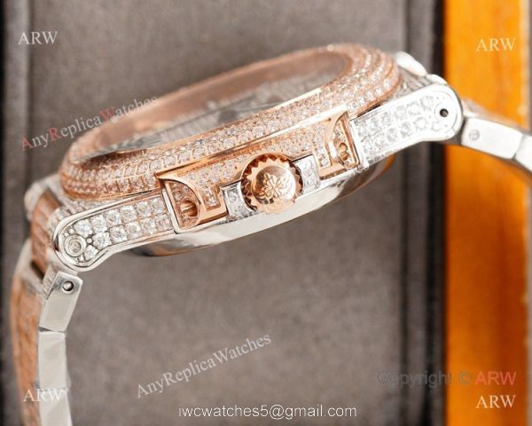 Swiss Grade Patek Philippe Nautilus 40mm Watch 9015 Ultra-thin Full Diamond Dial 2-Tone Rose Gold 2