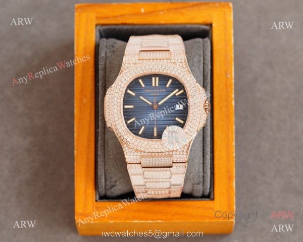 Swiss AAA Replica Patek Philippe Nautilus 9015 Ultra-thin Watch Rose Gold Iced Out Black Dial 40mm 2