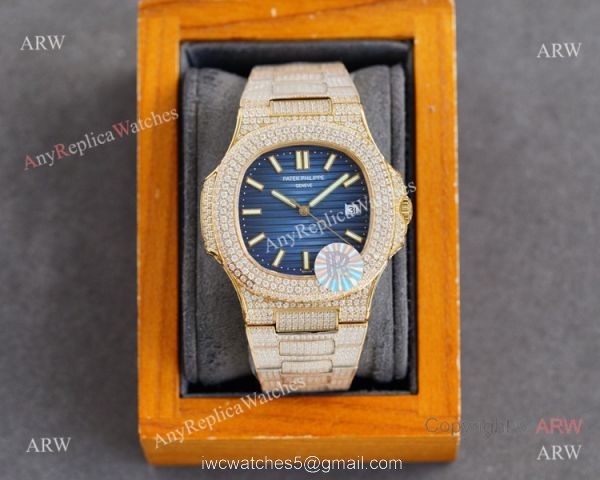 Swiss AAA Replica Patek Philippe Nautilus Iced Out Yellow Gold Watch 40mm 9015 Ultra-thin Movement 2