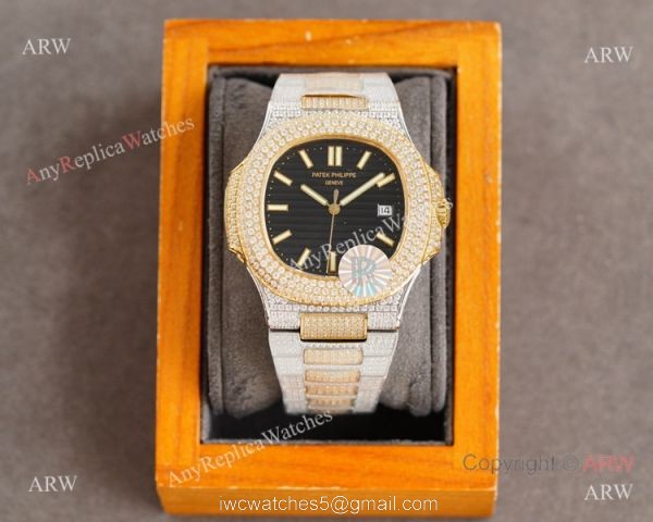 Swiss Replica Patek Philippe Nautilus 9015 Ultra-thin Watch Two Tone Iced Out Case 2