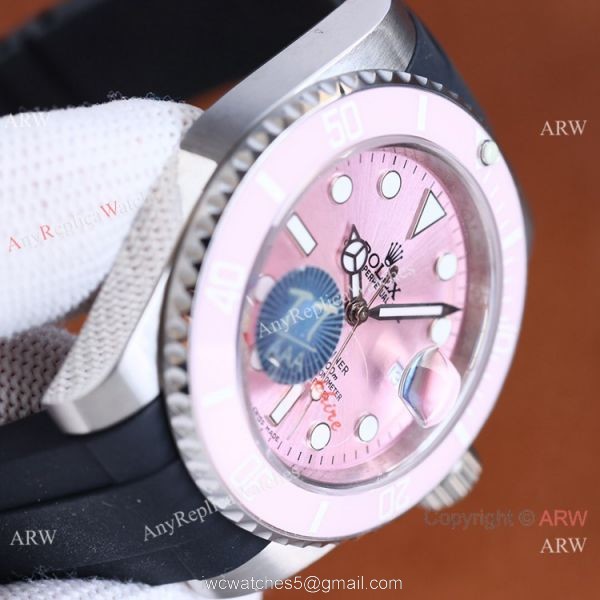 Swiss Quality Rolex Submariner Pink Watch Citizen 8215 Black Oysterflex Rubber Strap 2